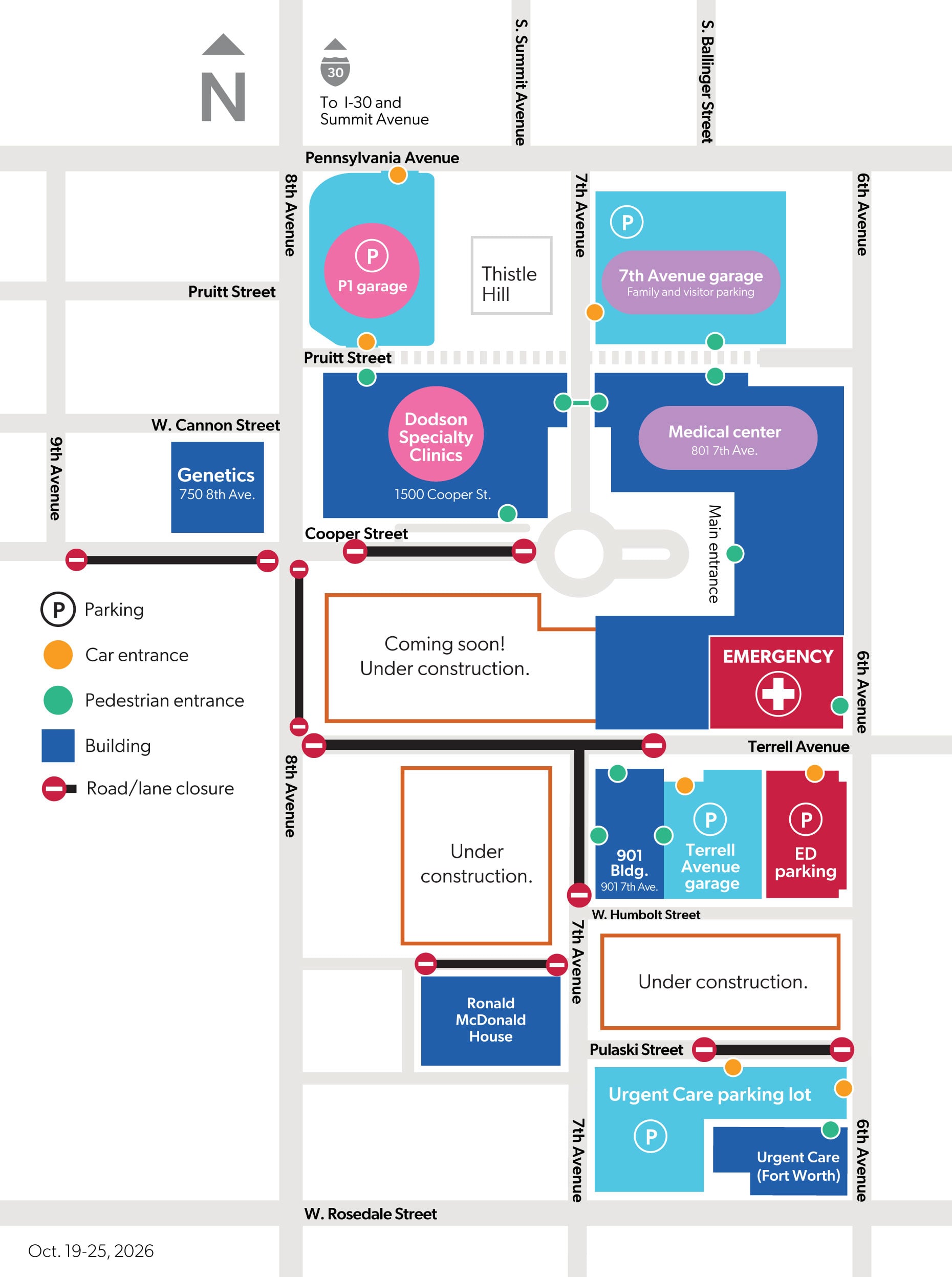 Map showcasing closures on Cook Children's Fort Worth campus due to construction from October 19 through 25.