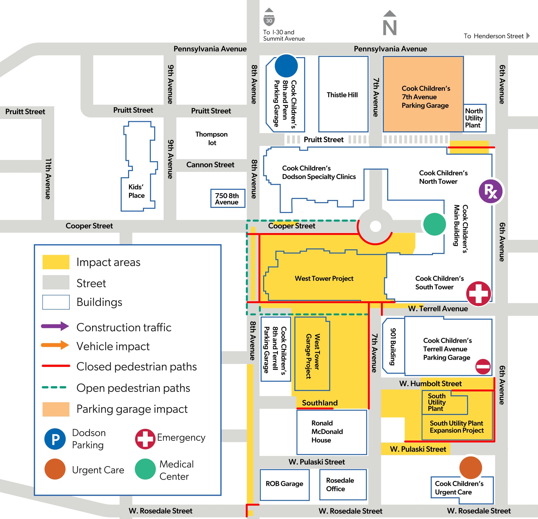Map of Cook Children's Fort Worth campus showcasing the areas impacted by construction August 17-23, 2026.