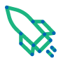 Stylized green rocket icon, outlined with blue dots, launching