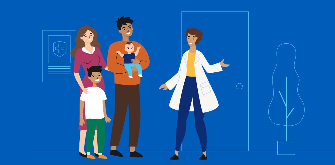 Diverse family of four meets a doctor in a medical setting. A healthcare icon and door are visible