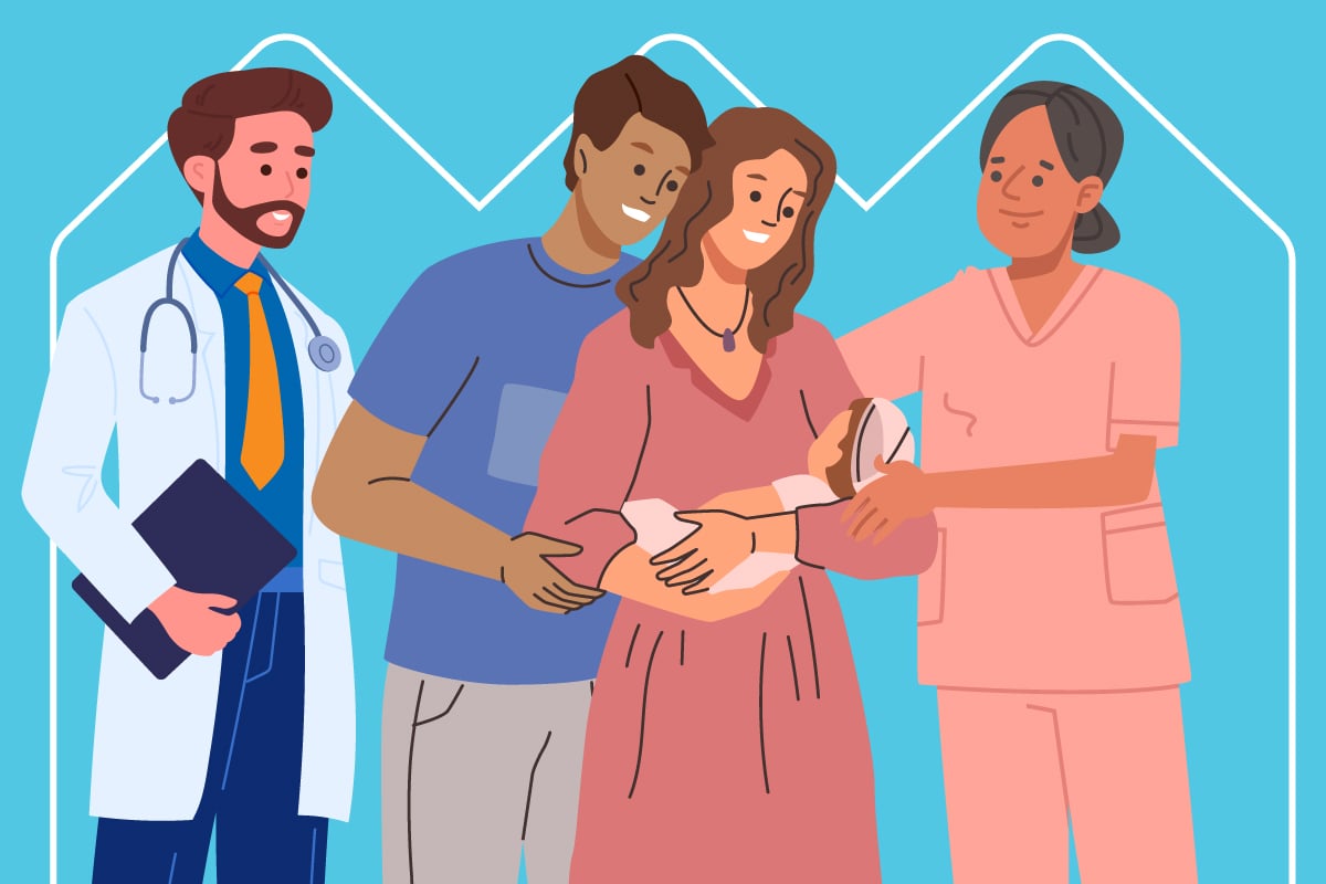 New parents with baby, doctor, and nurse