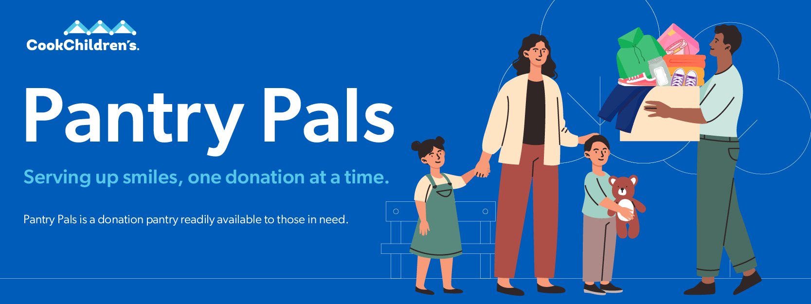 Illustration of family receiving groceries