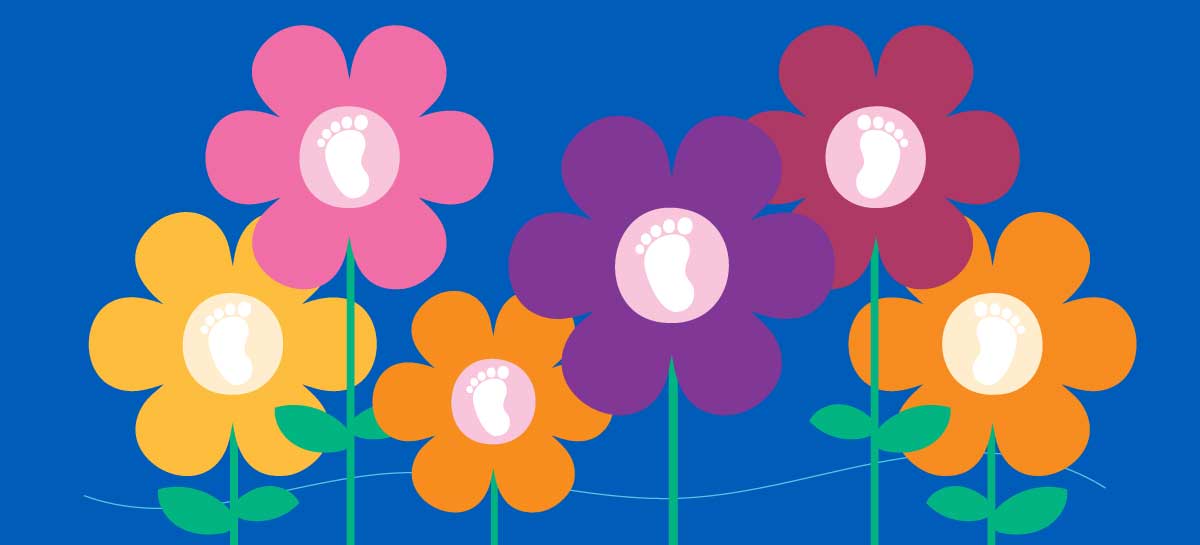 Illustration of flowers with small baby footprints inside