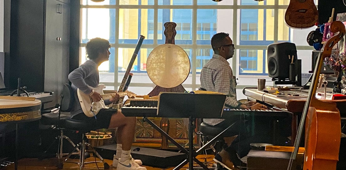 Room with different musical instruments